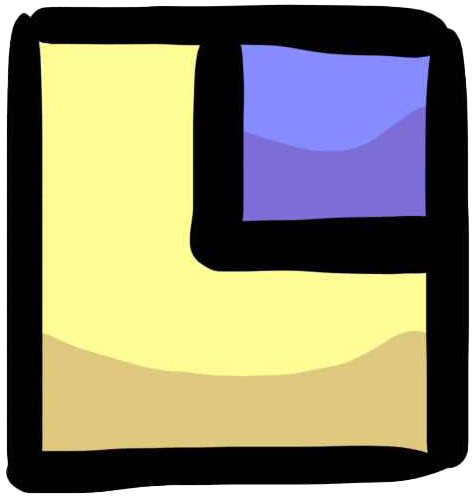 A yellow square with a blue square in its top right. Both have black borders.