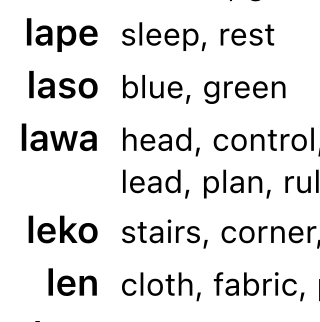 The toki pona words 'lape', 'laso', 'lawa', 'leko', and 'len' next to their definitions.